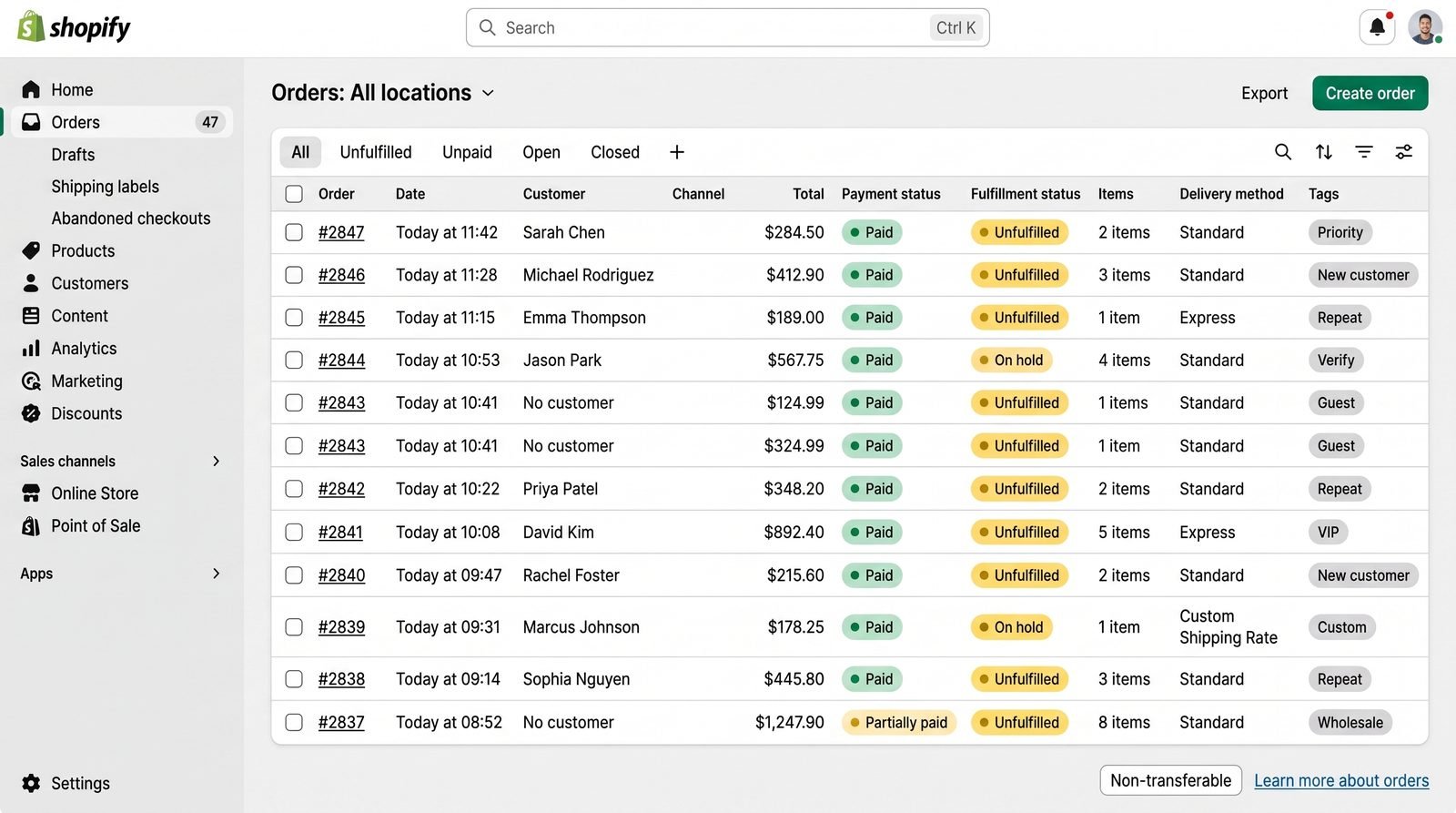 Shopify orders dashboard showing steady order flow